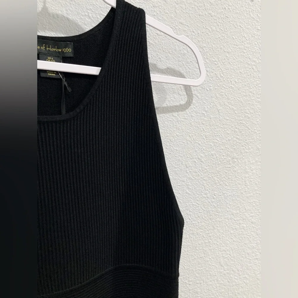 House Of Harlow Black Ribbed Feminine Mini Dress Neutral Contemporary Casual - Picture 4 of 9